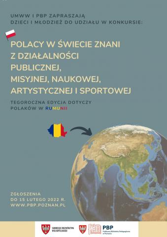 plakat promujący konkurs "Polacy w świecie znani z działalności publicznej, misyjnej, naukowej, artystycznej i sportowej".