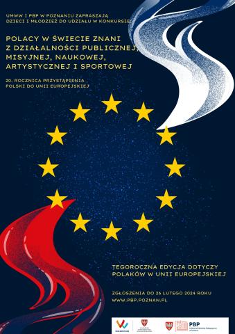 plakat promujący konkurs “Polacy w świecie znani z działalności publicznej, misyjnej, naukowej, artystycznej i sportowej”