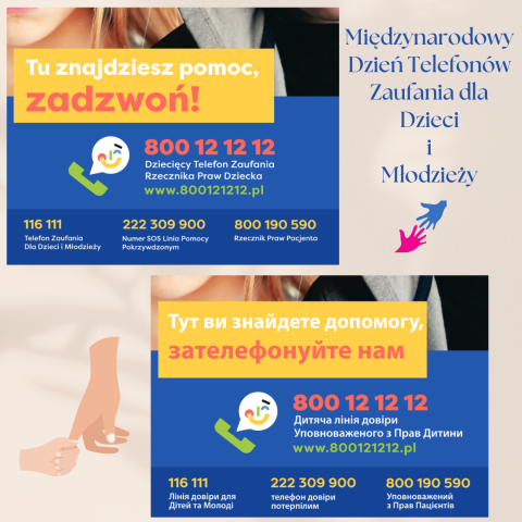 plakat promujący Międzynarodowy Dzień Telefonów Zaufania dla Dzieci i Młodzieży